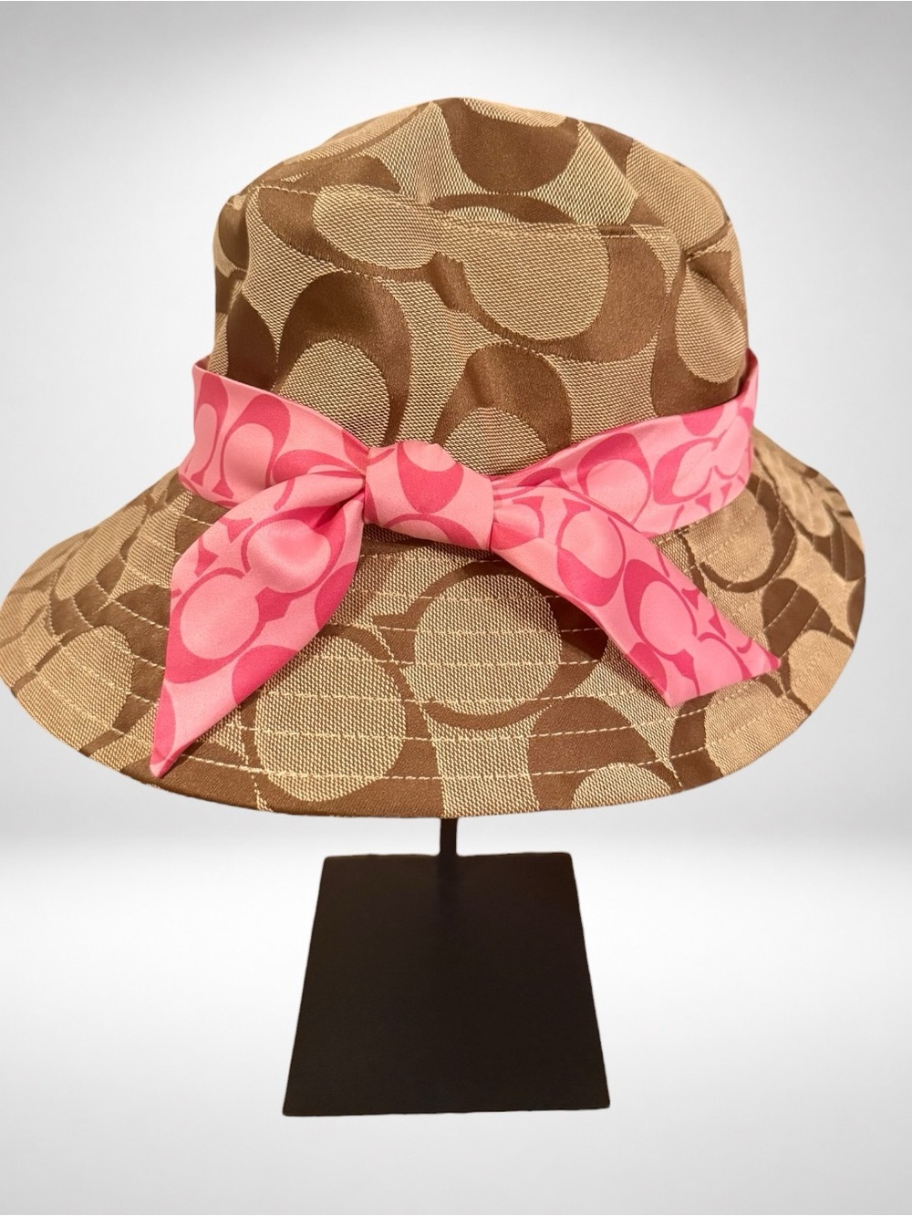 COACH Vintage Y2K Signature Jacquard Bucket Hat Brown Pink Logo Scarf Bow
